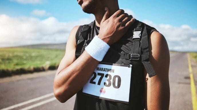 A marathon runner clutches their neck in pain, likely indicating a running-related injury or medical issue.