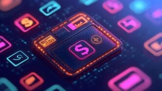 Neon dollar sign icon representing digital currency and finance.
