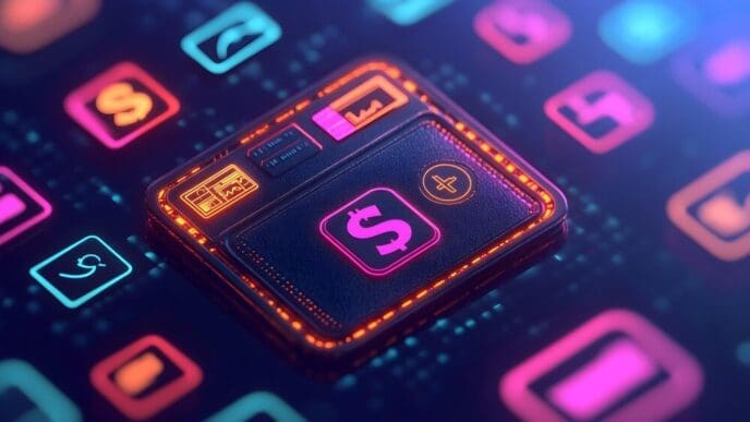 Neon dollar sign icon representing digital currency and finance.