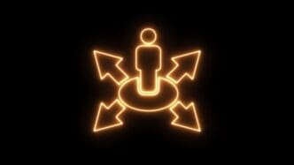 Neon figure of a man with arrows pointing in multiple directions, symbolizing choices, on a black background.