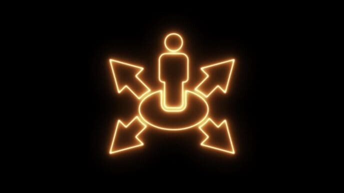 Neon figure of a man with arrows pointing in multiple directions, symbolizing choices, on a black background.