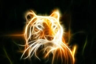 Line art of a neon tiger in a natural setting.