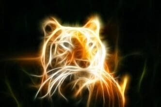 Line art of a neon tiger in a natural setting.