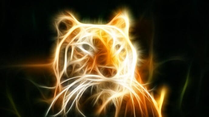 Line art of a neon tiger in a natural setting.