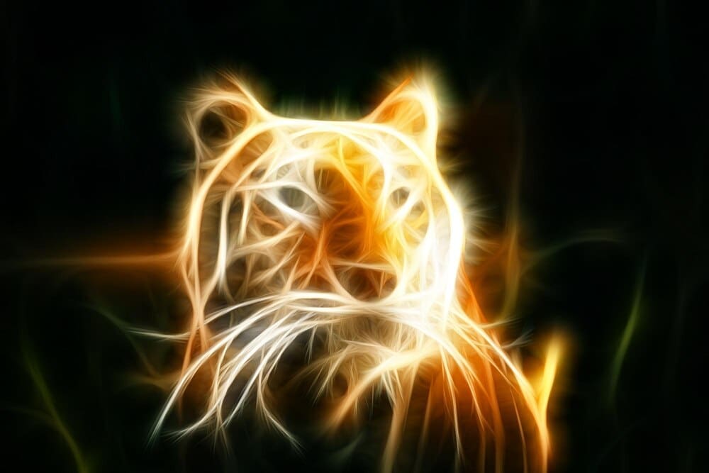 Line art of a neon tiger in a natural setting.