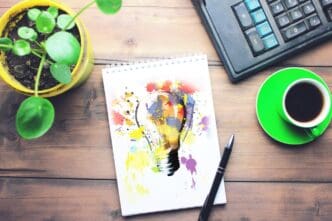 A notebook, pen, cup of coffee, and calculator are arranged on a wooden table.
