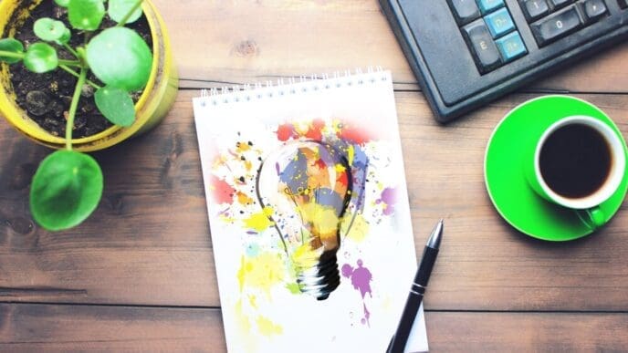 A notebook, pen, cup of coffee, and calculator are arranged on a wooden table.