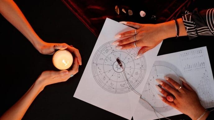 A person consults with a fortune teller, who is reading numbers written on a piece of paper.