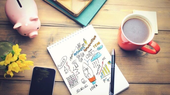 A coffee cup and a notepad with a plan sit on an office table.