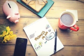 A coffee cup sits on an office table next to a notepad with a written plan.