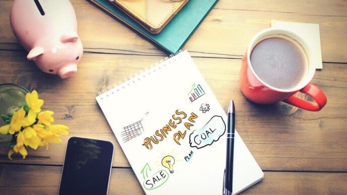 A coffee cup sits on an office table next to a notepad with a written plan.