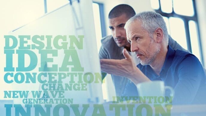 A word cloud related to office work overlays a photo of business people collaborating on a web design project.