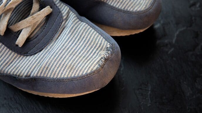 A pair of old, dirty, and worn-out sneakers has a hole in one of them.