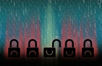 An open padlock stands out among closed padlocks against a background of binary code.