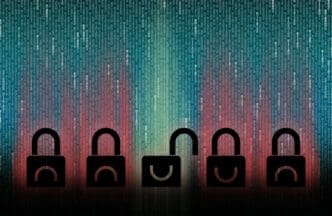 An open padlock stands out among closed padlocks against a background of binary code.