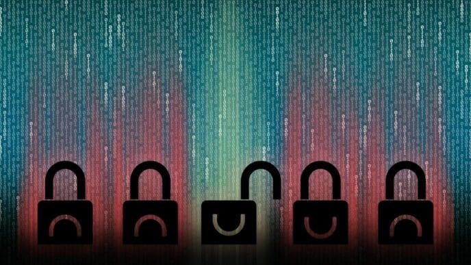 An open padlock stands out among closed padlocks against a background of binary code.