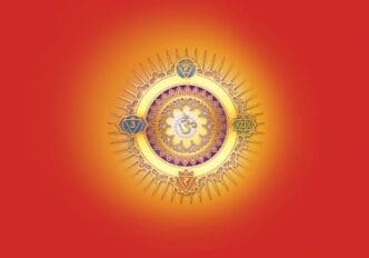 Gold Om symbol against a vibrant orange background.