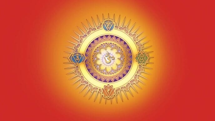 Gold Om symbol against a vibrant orange background.