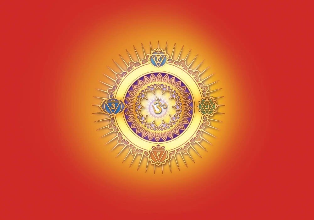 Gold Om symbol against a vibrant orange background.