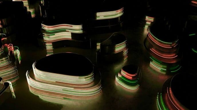 Dark oval-shaped designs with neon lines move across a surface.