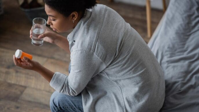 Overhead shot shows a multiracial woman in a bedroom looking sadly at pills while holding a glass of water.