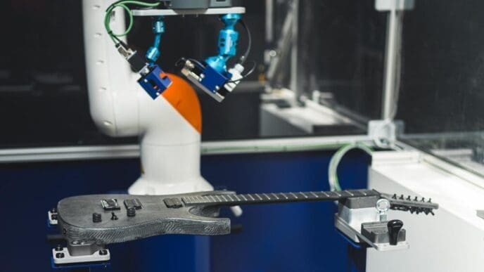 A robotic arm uses a paint control system to check the quality of a gray guitar.