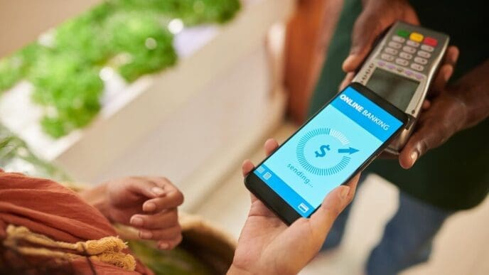 A person uses a mobile phone to pay for purchases at a store.
