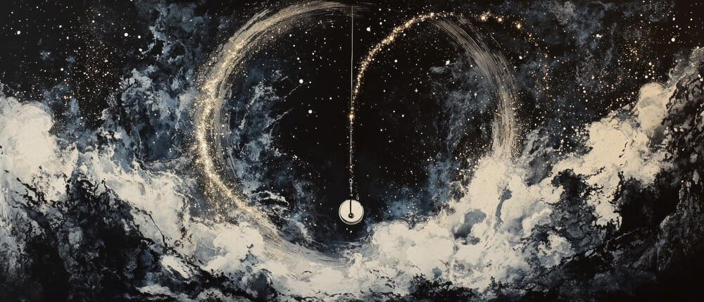 A decorative pendulum clock with a star-shaped pendulum swings within a glass case.