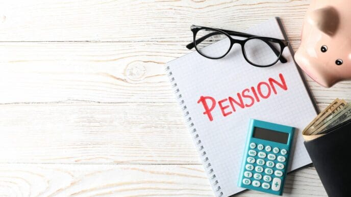 A wooden surface displays the word "Pension."