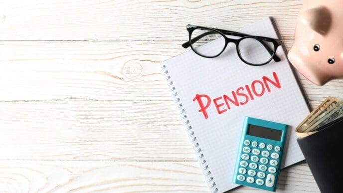 A wooden surface displays the word "Pension."