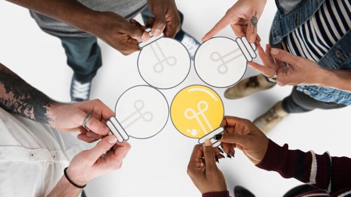 People holding a paper cutout of a light bulb icon.