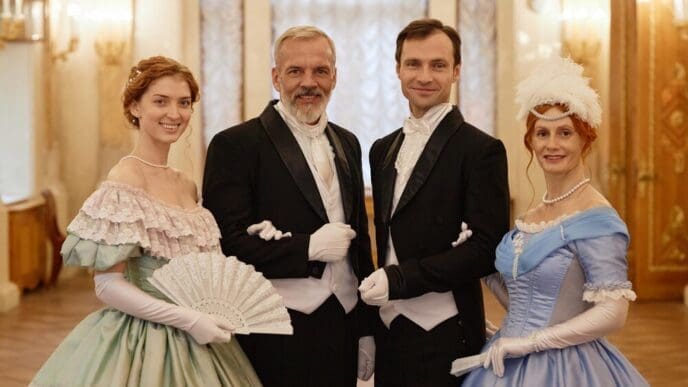 People dressed in historical costumes pose for a photograph.