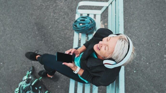 A mature woman wearing roller skates prepares to skate while listening to a podcast on her phone, smiling.