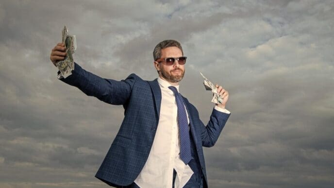 A smiling billionaire man holds money against a blue sky background.