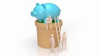 A 3D rendering shows a piggy bank sprouting a green plant, symbolizing financial growth or business development.