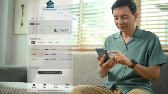 An older man smiles while looking at his smartphone, likely checking his banking app or electronic wallet.