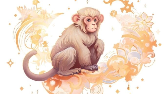 A cartoon monkey with a zodiac symbol on its chest.