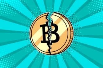 A pop art illustration of a golden Bitcoin coin split cleanly in half, with jagged edges, against a vibrant, solid-colored background.