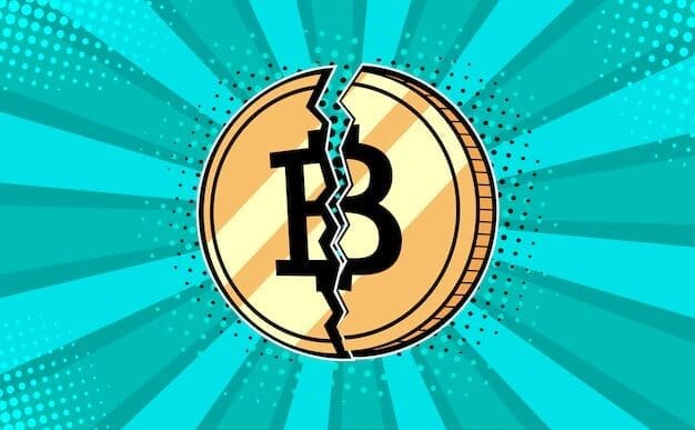 A pop art illustration of a golden Bitcoin coin split cleanly in half, with jagged edges, against a vibrant, solid-colored background.