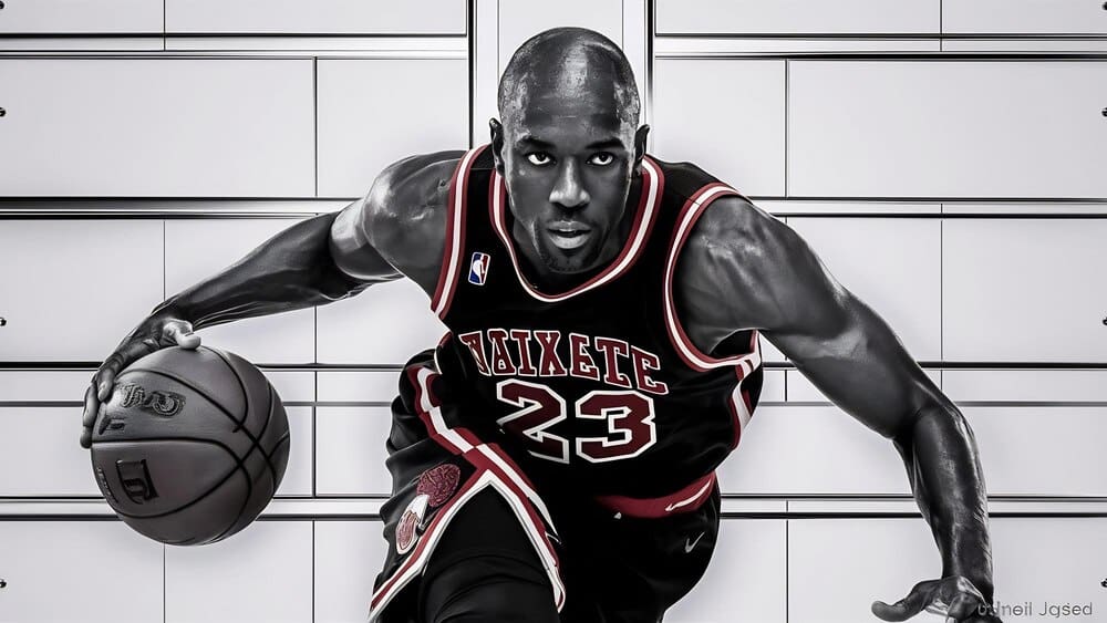A professional basketball player dribbles a ball while training, isolated against a white background.