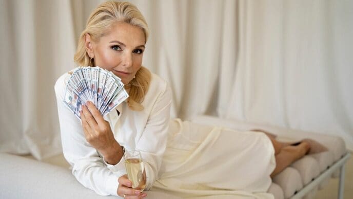 A middle-aged blonde woman smiles while holding a large amount of cash.