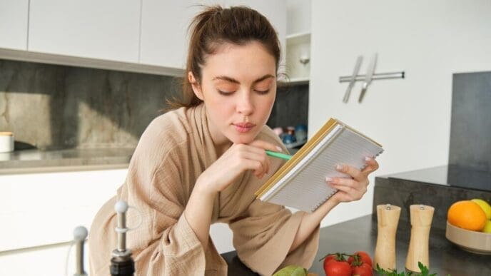 Young woman in a modern kitchen reads a recipe and grocery list while preparing a salad.