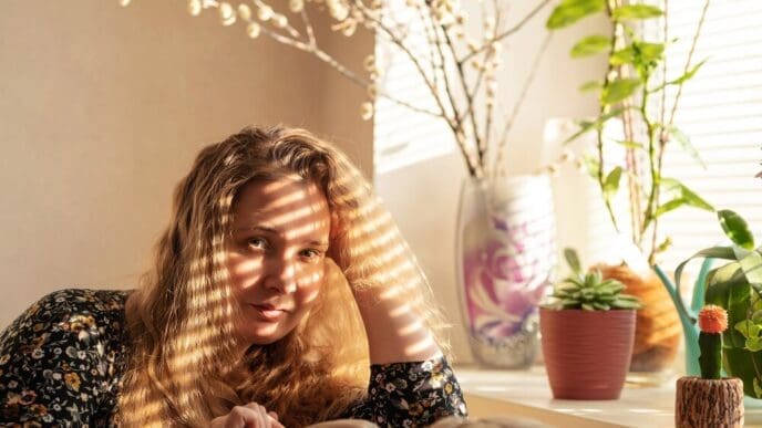 A young woman with a wide smile sits in front of a window, likely at home.