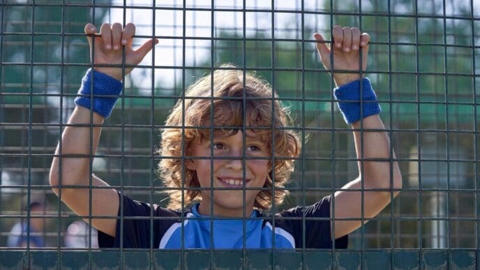 A young boy with curly hair holds onto a metal tennis net, looking away toward the sunlight on a sports field.