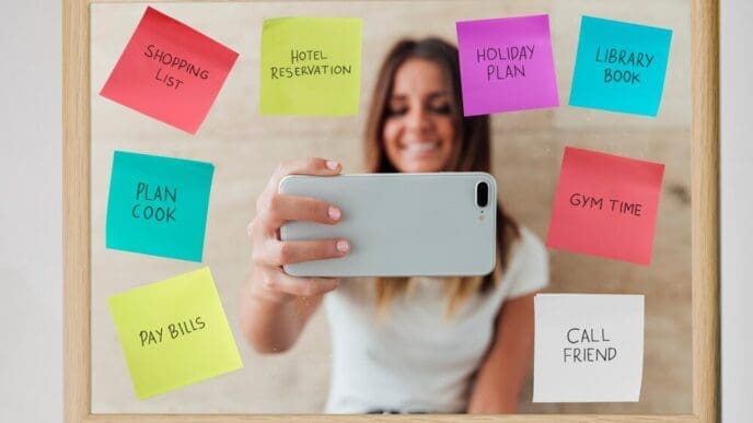 Collage of colorful sticky notes with handwritten reminders and notes.