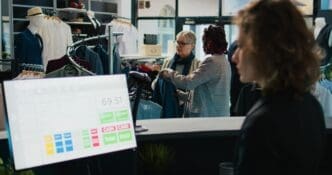 Pregnant retail employee helping a customer in a store.