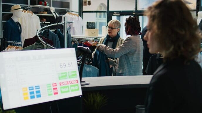 Pregnant retail employee helping a customer in a store.
