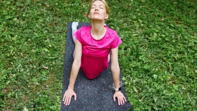 A woman with European features practices yoga on a mat in a park.