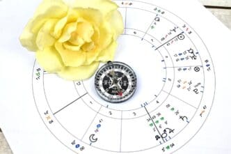 A printed astrology birth chart features a compass-like design representing life mapping and spiritual blueprints.