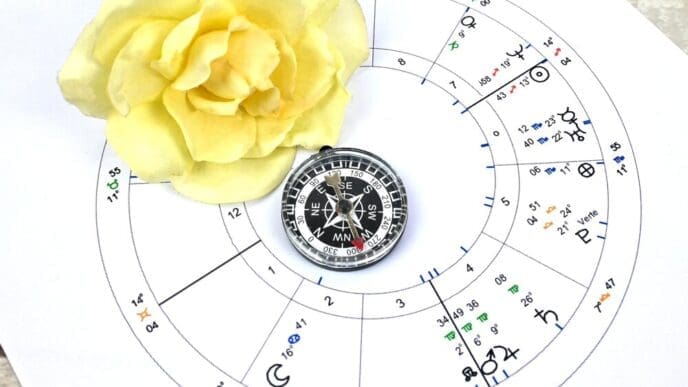 A printed astrology birth chart features a compass-like design representing life mapping and spiritual blueprints.